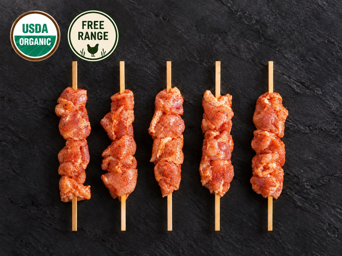Organic Chicken Thigh Skewers (Pargiot), Marinated
