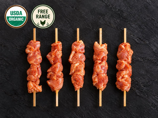 Organic Chicken Thigh Skewers (Pargiot), Marinated